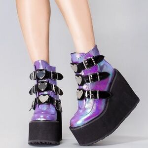 Demonia Swing 105 Platform Boots Heart Buckles Goth Emo Rock Purple Iridescent